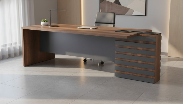 Scrivania per ufficio marrone grigio bicolore design moderno rettangolare.