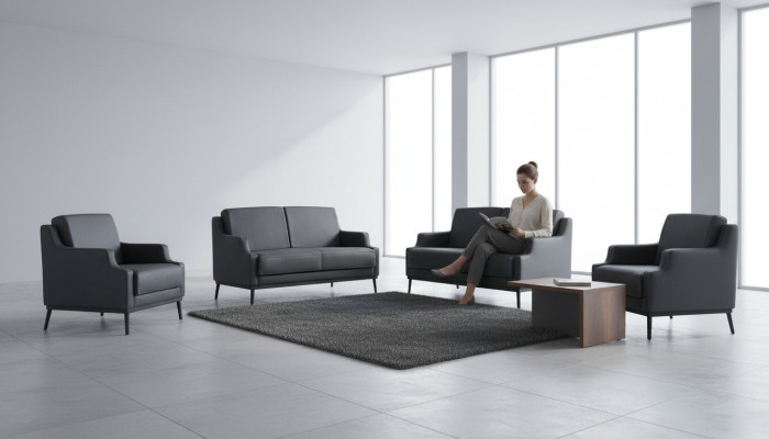 Set da ufficio 5 pezzi grigio scuro stile 2 divani a 2 posti 2 poltrone tavolino  Set da ufficio 5 pezzi grigio scuro con 2 divani a 2 posti, 2 poltrone e tavolino