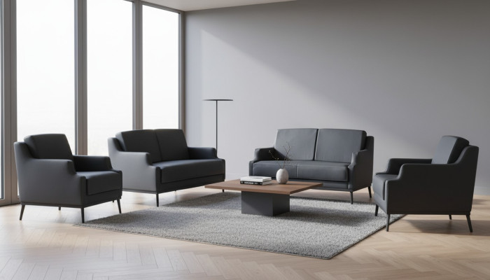 Set da ufficio 5 pezzi grigio scuro stile 2 divani a 2 posti 2 poltrone tavolino  Set da ufficio 5 pezzi grigio scuro con 2 divani a 2 posti, 2 poltrone e tavolino