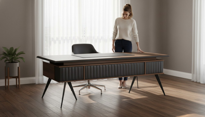 Tavolo da ufficio rettangolare forma marrone grigio bicolore con cassetti moderni.