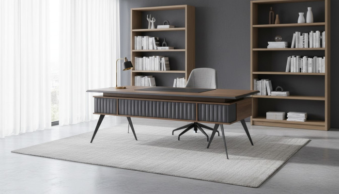 Tavolo da ufficio rettangolare forma marrone grigio bicolore con cassetti moderni.
