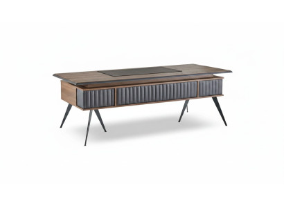 Tavolo da ufficio rettangolare forma marrone grigio bicolore con cassetti moderni.