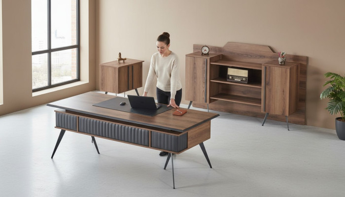 Set da ufficio 3 pezzi, scrivania, credenza, comò marrone e grigio bicolore