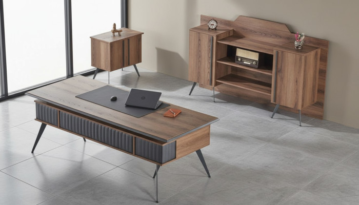 Set da ufficio 3 pezzi, scrivania, credenza, comò marrone e grigio bicolore