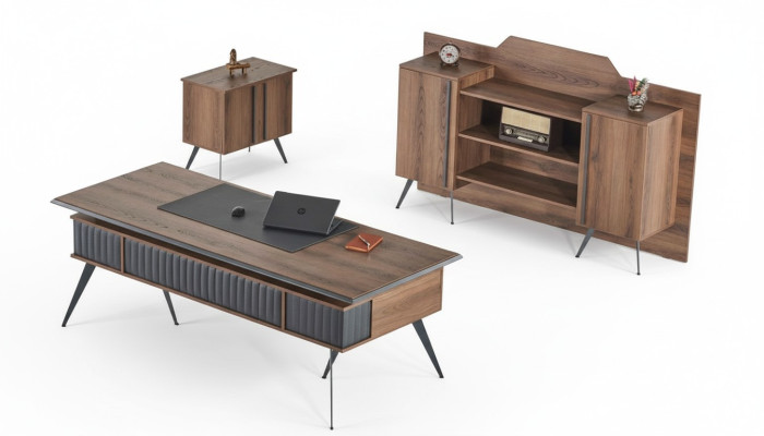 Set da ufficio 3 pezzi, scrivania, credenza, comò marrone e grigio bicolore