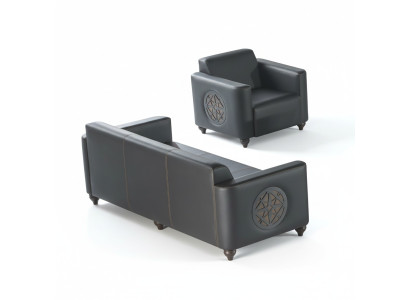 Set per ufficio 2 pezzi, divano a 3 posti nero tinta unita, design moderno.