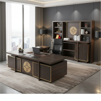 Set da ufficio 3 pezzi in marrone monocolore con scrivania, credenza e libreria.    Set da ufficio 3 pezzi in marrone monocolore con scrivania, credenza e libreria.