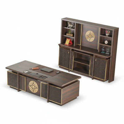 Set da ufficio 3 pezzi in marrone monocolore con scrivania, credenza e libreria.    Set da ufficio 3 pezzi in marrone monocolore con scrivania, credenza e libreria.