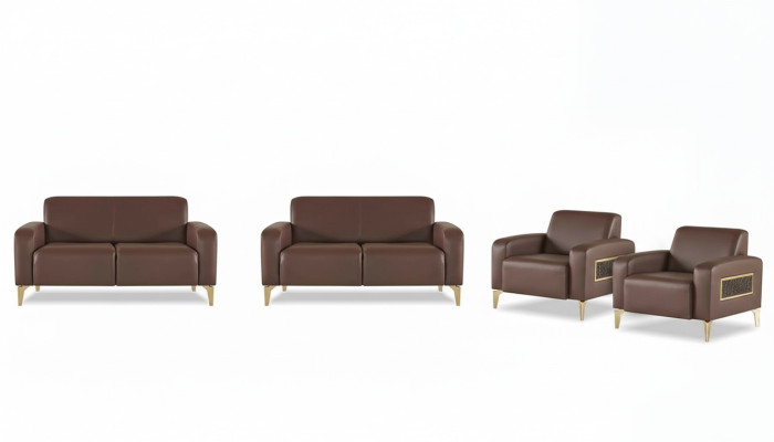 Set da studio 4 pezzi con 2 divani a 2 posti e 2 poltrone marroni, monocromatico e moderno.