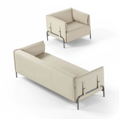Set da ufficio 2 pezzi, divano 3 posti color beige monocolore cuscini soggiorno