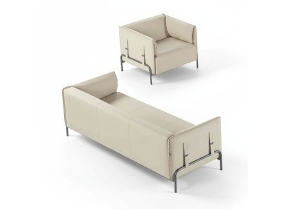 Set da ufficio 2 pezzi, divano 3 posti color beige monocolore cuscini soggiorno
