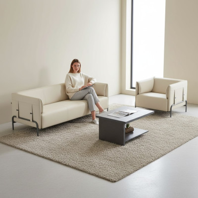 Set da studio 3 pezzi beige, divano a 3 posti grigio, tavolino da salotto per soggiorno.