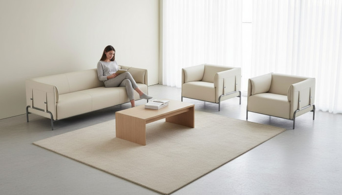 Set da studio 3 pezzi beige con divano a 3 posti e 2 poltrone con cuscini per il soggiorno.   Set da studio 3 pezzi beige con divano a 3 posti e 2 poltrone con cuscini per il soggiorno.