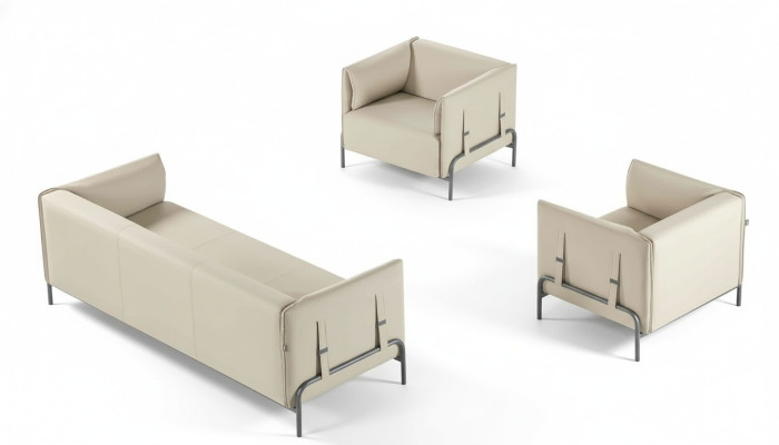 Set da studio 3 pezzi beige con divano a 3 posti e 2 poltrone con cuscini per il soggiorno.   Set da studio 3 pezzi beige con divano a 3 posti e 2 poltrone con cuscini per il soggiorno.
