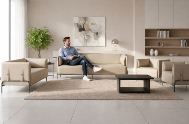 Set da studio 5 pezzi Beige 3 posti 2 posti 2 poltrone Grigio Tavolino - Set da studio 5 pezzi Beige 3 posti 2 posti 2 poltrone Grigio Tavolino