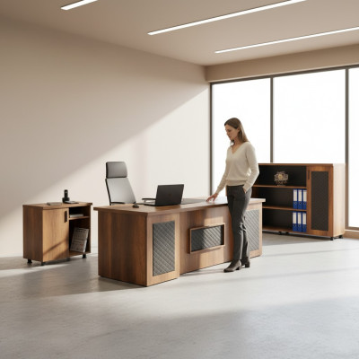 Set da ufficio 3 pezzi, scrivania, credenza, mobile contenitore, marrone nero. 