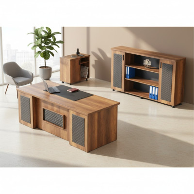 Set da ufficio 3 pezzi, scrivania, credenza, mobile contenitore, marrone nero. 