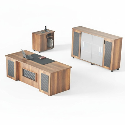 Set da ufficio 3 pezzi, scrivania, credenza, mobile contenitore, marrone nero. 