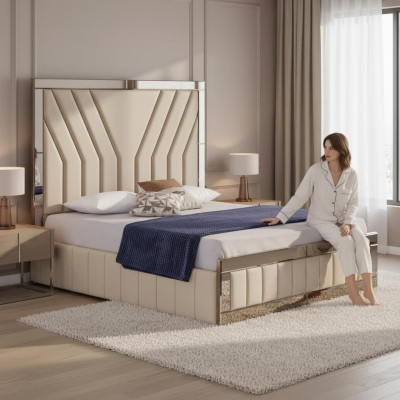 Camera da letto beige Letto Designer Letto matrimoniale Cornice del letto di lusso Letto