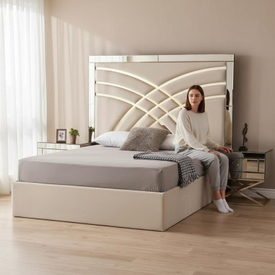 Mobili per la camera da letto beige, letto tessile di lusso in legno, 2 comodini, set da 3 pezzi.