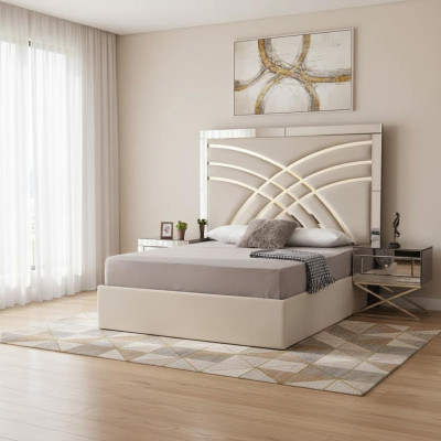 Mobili per la camera da letto beige, letto tessile di lusso in legno, 2 comodini, set da 3 pezzi.