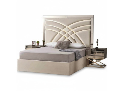 Mobili per la camera da letto beige, letto tessile di lusso in legno, 2 comodini, set da 3 pezzi.