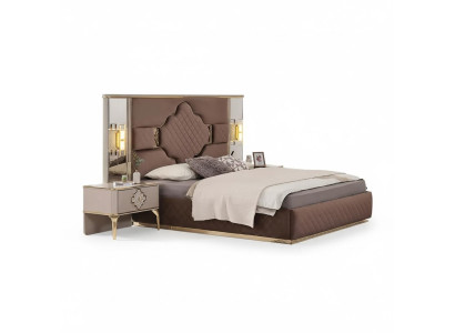 Marrone-beige Set esclusivo per camera da letto con letto matrimoniale e 2 comodini.