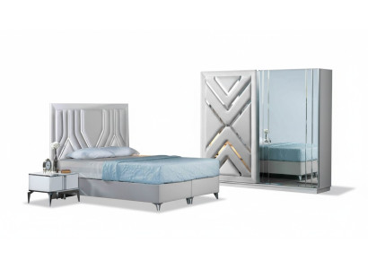 Completo letto bianco elegante con comodini e armadio in vetro