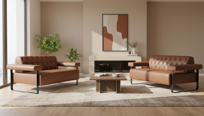 Divani in pelle Chesterfield marrone in acciaio inossidabile originale moderno a due posti, bottoni.