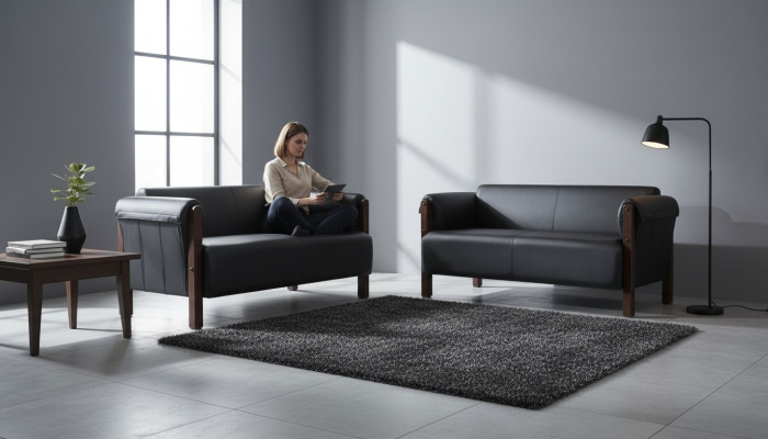 Divano Moderno Set di divani 2 posti in pelle nera con struttura in legno.