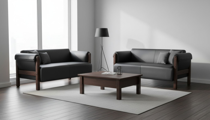 Divano Moderno Set di divani 2 posti in pelle nera con struttura in legno.