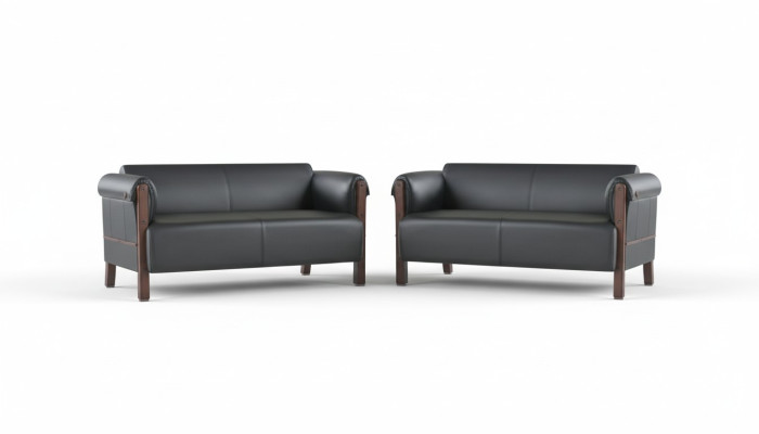 Divano Moderno Set di divani 2 posti in pelle nera con struttura in legno.