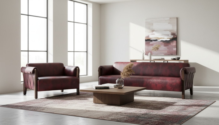 Divano Ledesofas 3 posti 2 posti Bordeaux Stile moderno in pelle legno Set