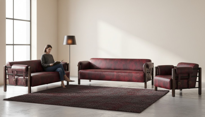 Divano in pelle Bordeaux completo in legno 3 pezzi 3 posti 2 posti Poltrona