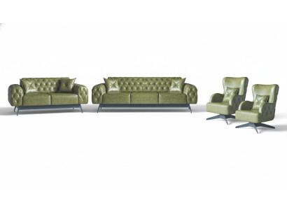 Chesterfield imbottito 3 posti 2 posti poltrona verde set classico in pelle 4 pezzi.