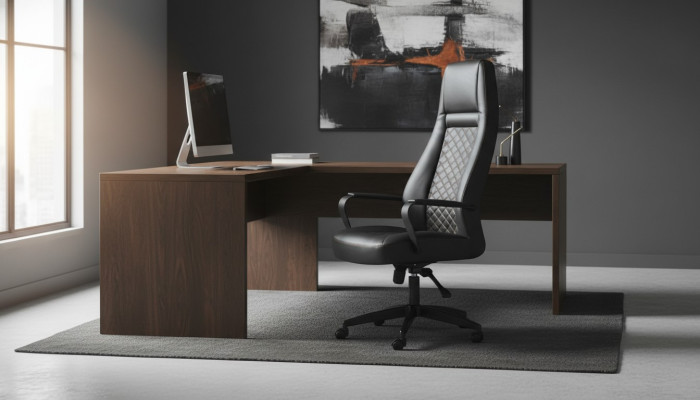 Sedia da ufficio nera girevole moderna in pelle con ruote per lo studio.