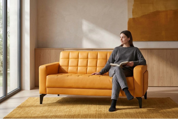 Divano giallo Chesterfield in pelle a due posti.
