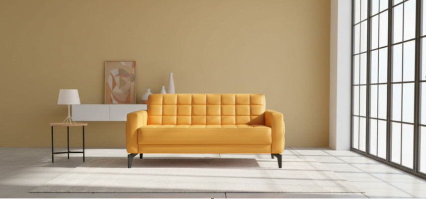 Divano giallo Chesterfield in pelle a due posti.