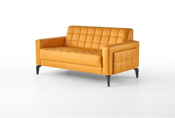 Divano giallo Chesterfield in pelle a due posti.