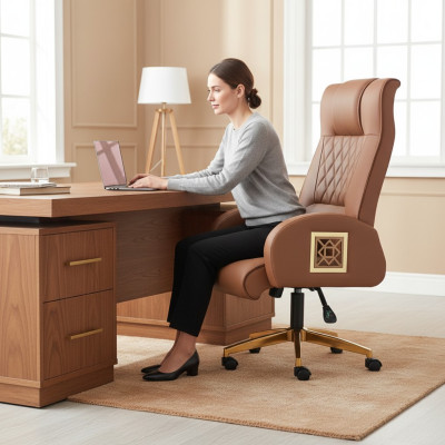 Sedia da ufficio marrone con rotelle moderne in pelle marrone per studio direzionale.