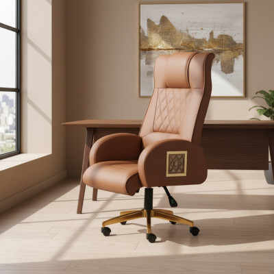 Sedia da ufficio marrone con rotelle moderne in pelle marrone per studio direzionale.
