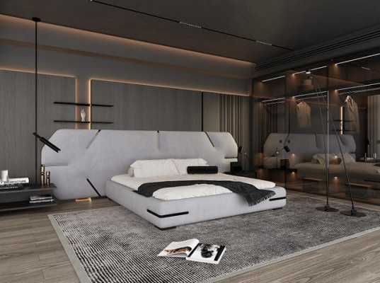 Letto grigio moderno con testiera elegante e design stiloso camera da letto