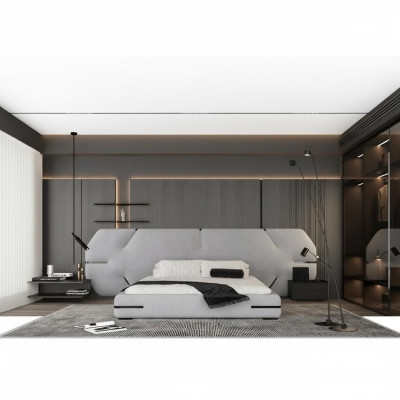 Letto grigio moderno con testiera elegante e design stiloso camera da letto