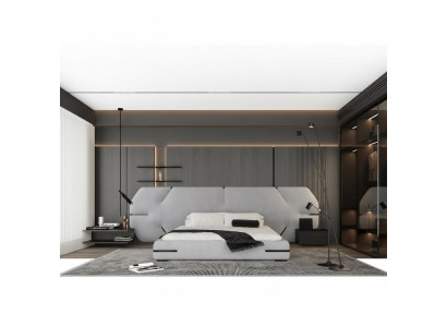 Letto grigio moderno con testiera elegante e design stiloso camera da letto