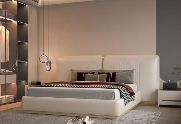 Letto beige di lusso con accenti dorati design moderno testata per camera da letto
