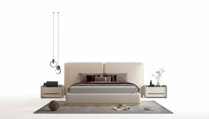 Letto beige di lusso con accenti dorati design moderno testata per camera da letto