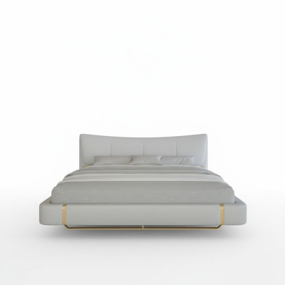 Letto grigio di lusso con accenti dorati design moderno e testiera confortevole
