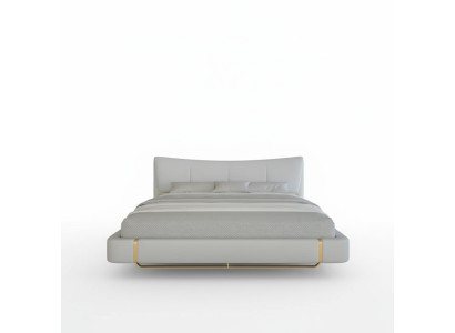 Letto grigio di lusso con accenti dorati design moderno e testiera confortevole
