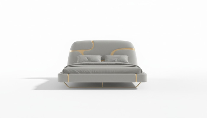 Letto di lusso con accenti dorati Design moderno Testata imbottita Camera da letto