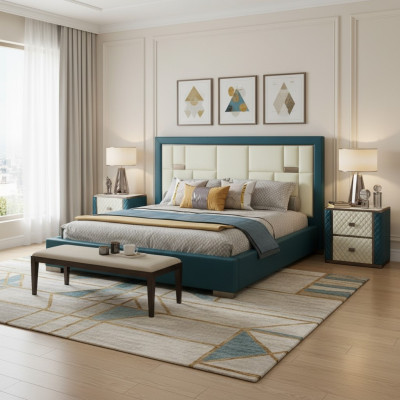 Letto blu di lusso con testiera imbottita design moderno e colori accentuati